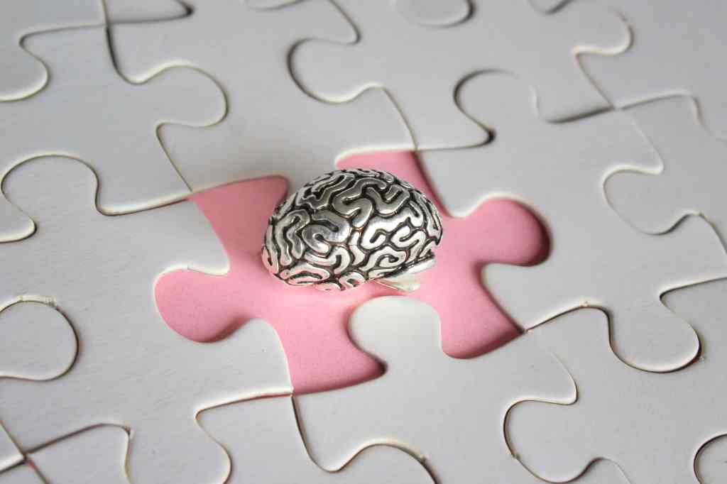 A handmade designed mini brain in the middle of puzzle pieces.